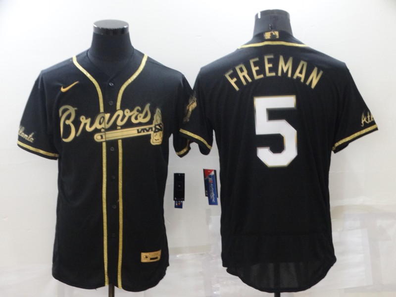 Men's Atlanta Braves #5 Freddie Freeman Black Golden Flex Base Stitched Jersey Men's Atlanta Braves #5 Freddie Freeman Black Golden Flex Base Stitched Jersey